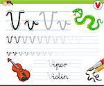 Cartoon Illustration of Writing Skills Practice with Letter V Worksheet for Children