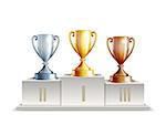 Podium winners with trophy cups isolated on white background. Vector illustration