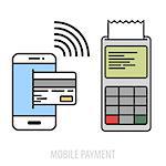 minimalistic illustration of a cellphone next to a pos terminal, mobile payment concept, eps10 vector