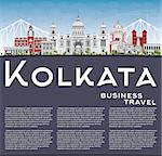 Kolkata Skyline with Gray Landmarks and Copy Space. Vector Illustration. Business Travel and Tourism Concept with Historic Buildings. Image for Presentation Banner Placard and Web Site.