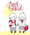 Vector illustration on the school theme. Little children and the phrase "Back to school".