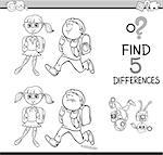 Black and White Cartoon Illustration of Finding Differences Educational Activity with School Children for Coloring Book