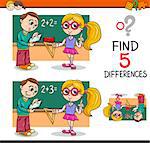 Cartoon Illustration of Finding Differences Educational Activity Task with School Kids