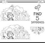 Black and White Cartoon Illustration of Finding Differences Educational Activity Task for Preschool Children with Wild Animal Characters for Coloring Book