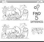 Black and White Cartoon Illustration of Finding Differences Educational Activity Task for Preschool Children with Sea Life Animal Characters for Coloring Book