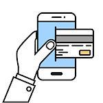 minimalistic illustration of a hand holding a cellphone with a credit card, eps10 vector