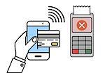 minimalistic illustration of a cellphone next to a pos terminal with declined paymetn, mobile payment concept, eps10 vector