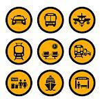 set of social transport yellow isolated round icons