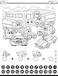 Black and White Cartoon Illustration of Educational Mathematical and Counting Addition Activity Task for Children with Cars for Coloring Book