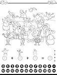 Black and White Cartoon Illustration of Educational Mathematical Counting and Addition Activity Task for Children with Christmas Characters for Coloring Book