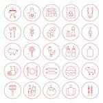 Line Circle BBQ Icons Set. Vector Illustration of Outline Grill Menu Objects.