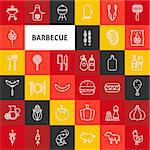 Vector Line Barbecue Icons. Thin Outline Grill Menu Symbols over Colorful Squares.