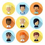 Colorful Male Avatars Circle Icons Set in Flat Style with Long Shadow