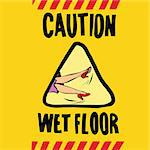 caution wet floor female feet, pop art retro vector illustration