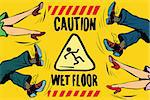 caution wet floor, the feet of women and men, people fall pop art retro vector illustration