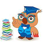 Serious Teacher Owl in glasses and in mortarboard near the book stack, cartoon vector childish illustration