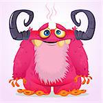 Happy cartoon pink monster. Halloween vector furry monster with two horns isolated