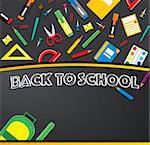 School supplies on blackboard background. Vector illustration.