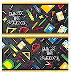 Set of back to school banners. School supplies on blackboard background. Vector illustration.