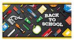 Back to school. School supplies on blackboard background. Vector illustration.