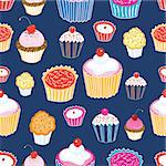 Seamless graphic vector pattern of different cakes on a blue background