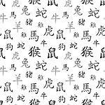 Chinese zodiac symbols, black hieroglyphs on white, seamless pattern