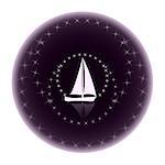 White sailboat at night, surrounded by stars. The logo of the yacht.