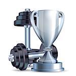 Silver cup with metal realistic dumbbells. Symbol of fitness champion. Realistic vector illustration.