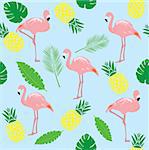 vector illustration of flamingos seamless background with pineapples and palm tree branches