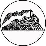 Illustration of a steam train locomotive coming up viewed from low angle set inside circle on isolated background done in retro woodcut style.