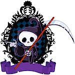 Cute cartoon grim reaper with scythe pointing