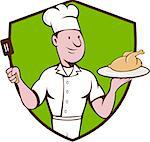 Illustration of a chef cook serving roast chicken on a platter on one hand and holding a spatula on the other hand viewed from front set inside shield crest on isolated background done in cartoon style.