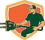 Illustration of a electrician worker carrying electric plug plugging facing side set inside shield crest on isolated background done in retro style.