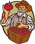 Illustration of an organic farmer carrying basket of tomatoes set inside circle done in retro woodcut linocut style.