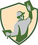 Illustration of a plasterer masonry tradesman construction worker with trowel viewed from the back set inside shield crest done in retro style on isolated background