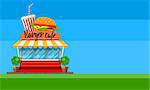 Fast food cafe store flyer or banner design, shop-window facade, hamburger and cola drink sign, front view. Flat vector illustration