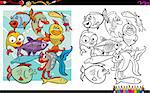 Cartoon Illustration of Fish Characters Coloring Book Activity