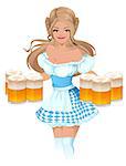 Oktoberfest Beer Festival. German girl waitress holding mugs of beer. Isolated on white vector illustration