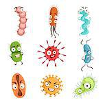 Viruses And Bacterria Cartoon Characters Set Of Colorful Simple Design Vector Drawings Isolated On White Background