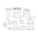 Coffee Related Object And Food Set Hand Drawn Realistic Detailed Sketch In Classy Simple Pencil Style On White Background