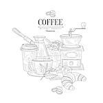 Coffee Breakfast Still Life Hand Drawn Realistic Detailed Sketch In Classy Simple Pencil Style On White Background