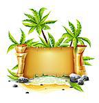 Travel banner with old parchment paper script. Paradise Island from sea wave beach breakers palm vector illustration,