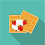 Breakfast Belgian Waffles with Cream and Strawberry Icon in Modern Flat Style Vector Illustration EPS10