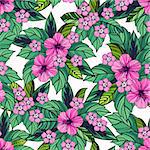 Tropical seamless pattern with exotic plants and hibiscus flowers. Vector illustration.