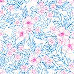 Summer colorful hawaiian seamless pattern with tropical plants and hibiscus flowers, vector illustration