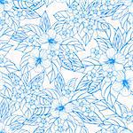 Tropical seamless pattern with exotic plants and hibiscus flowers. Vector illustration.