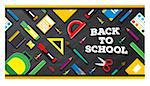 Back to school. School supplies on blackboard background. Vector illustration.