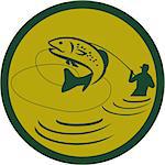 Illustration of a trout fish jumping and fly fisherman fishing viewed from the side set inside circle on isolated background done in retro style.