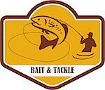 Illustration of a trout fish jumping and fly fisherman fishing viewed from the side set inside shield crest with the words Bait & Tackle in the bottom done in retro style.