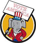 Illustration of an American Republican GOP elephant mascot wearing suit and stars and stripes hat holding placard sign with the words Vote America set inside circle done in cartoon style.